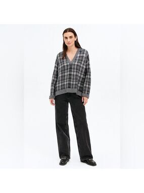 Banana REPUBLIC Wool Blend with Mohair Boxy Oversized Plaid Vee Neck Sweater XS